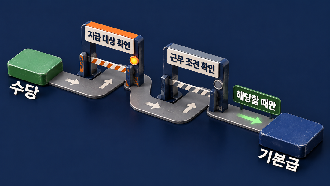 설명 그림. 기본급 옆의 수당이 지급 대상과 근무 조건을 확인하는 두 관문을 지난 경우에만 함께 검토되는 모습을 보여 준다.