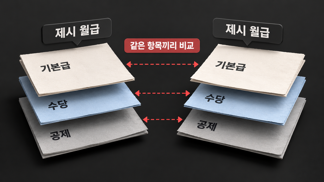 비교 설명 그림. 두 제시 월급을 구성 항목별로 펼쳐 기본급은 기본급과, 수당은 수당과 대조하고 공제도 따로 확인하는 모습을 보여 준다. 실제 금액은 표시하지 않는다.