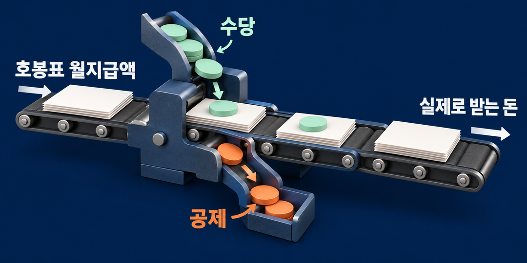 설명 그림. 호봉표 월지급액에 수당이 더해지고 공제가 빠져 실제로 받는 돈이 달라지는 흐름을 보여 준다.