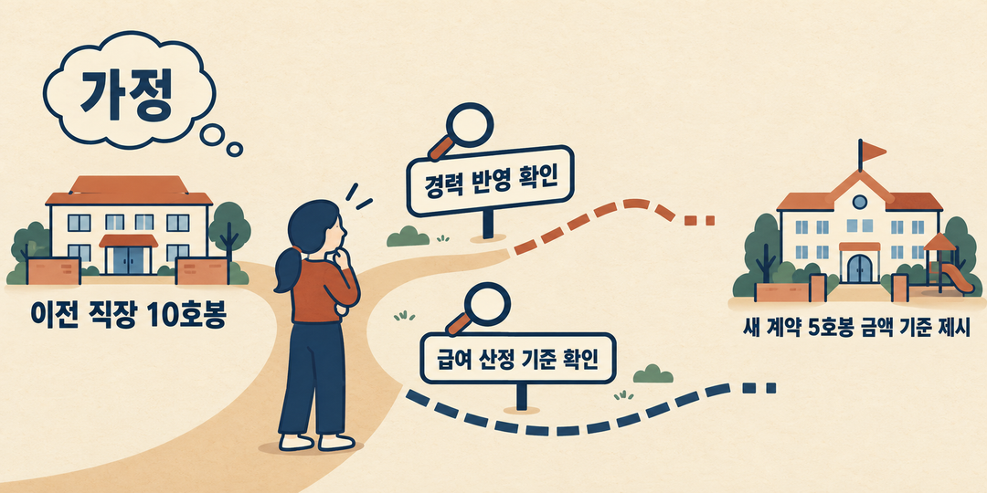 가정 사례 설명 그림. 이전 직장의 10호봉 기록과 새 계약에서 제시한 5호봉 기준 급여 사이에 경력 반영과 급여 산정 기준이라는 별도 확인 경로가 놓여 있다.