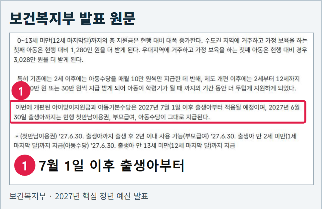 보건복지부 보도자료의 실제 화면. 새 제도는 2027년 7월 1일 이후 출생아부터 적용할 예정이고 6월 30일 이전 출생아는 현행 제도를 유지한다는 문단이 보인다.
