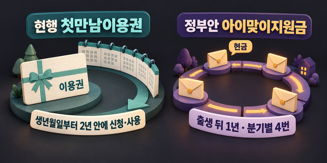 현행 첫만남이용권의 이용권 사용 기한과 정부안 아이맞이지원금의 분기별 네 차례 현금 지급을 서로 다른 물건과 움직임으로 대비한 생성 설명 그림.