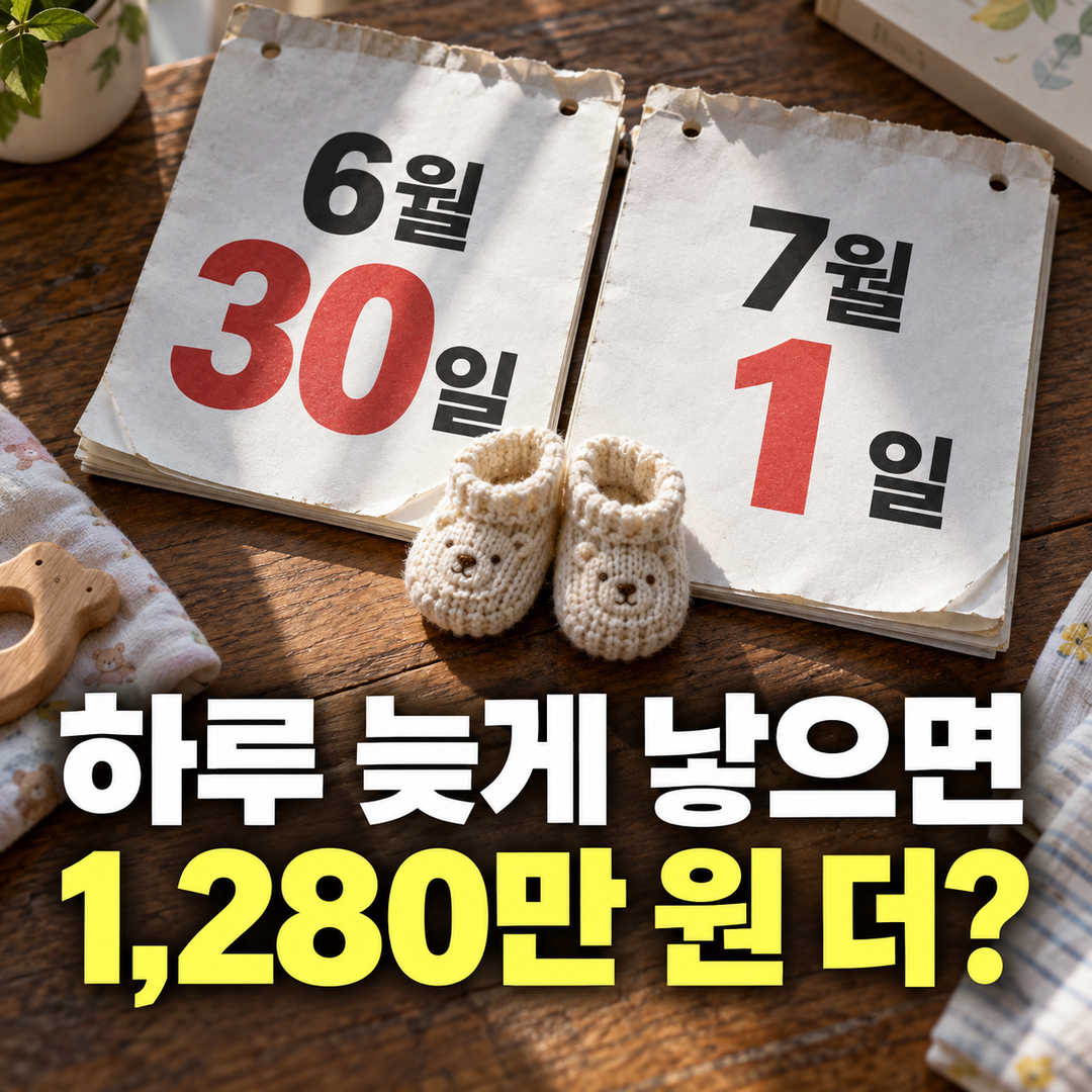 6월 30일과 7월 1일 달력장이 맞닿은 자리에 아기 신발 한 켤레를 놓고, ‘하루 늦게 낳으면 1,280만 원 더?’라는 질문을 크게 배치한 생성 그림.