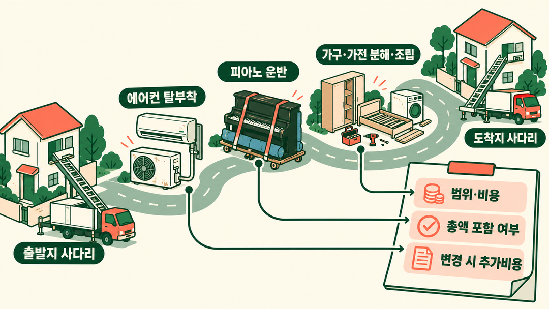 설명 그림. 출발지와 도착지의 사다리, 에어컨 탈부착, 피아노 운반, 가구·가전 분해·조립을 견적서의 범위·비용·총액 포함 여부 및 변경 조건과 연결한다.