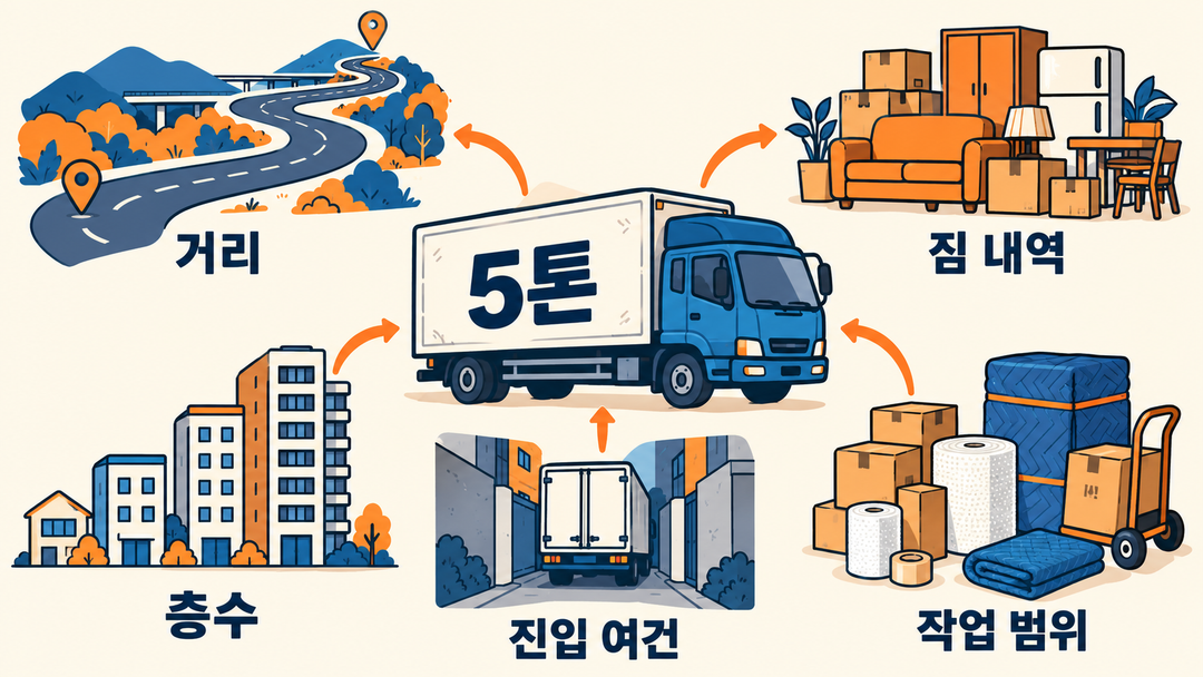 설명 그림. 가운데 5톤 이사 차량에서 거리, 짐 내역, 층수, 진입 여건, 작업 범위가 서로 다른 작업 장면으로 뻗는다.