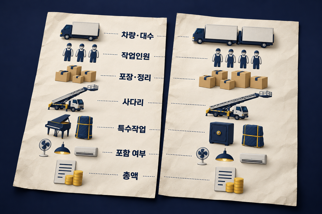설명 그림. 두 견적서를 같은 항목의 높이에 맞춰 놓고 차량·대수, 작업인원, 포장·정리, 사다리, 특수작업의 포함 여부를 비교한 뒤 총액을 보도록 안내한다.