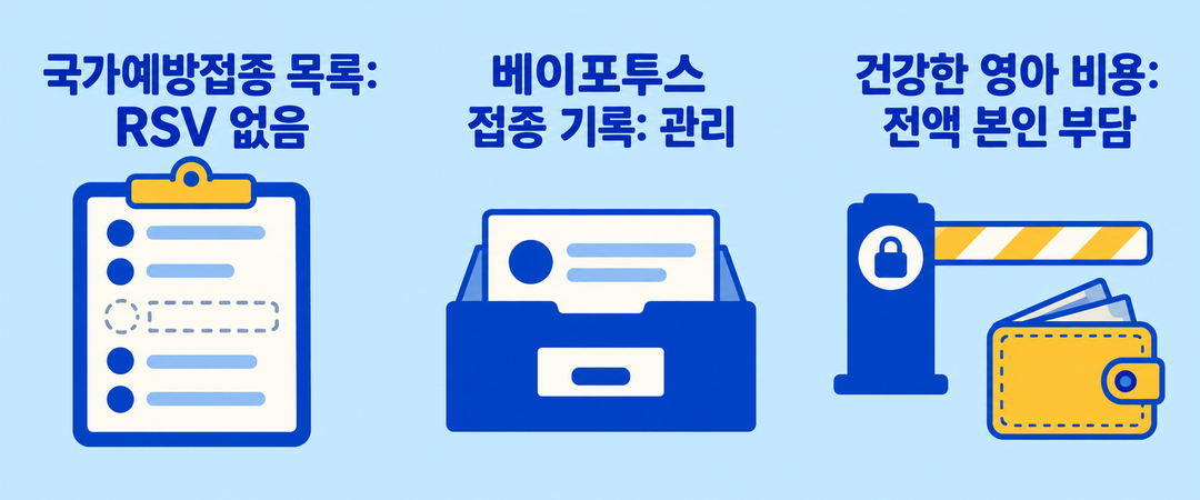 국가예방접종 목록에는 RSV가 없고 베이포투스 기록은 관리되지만 건강한 영아의 비용은 전액 본인 부담임을 세 지위로 나눈 생성 설명 그림.