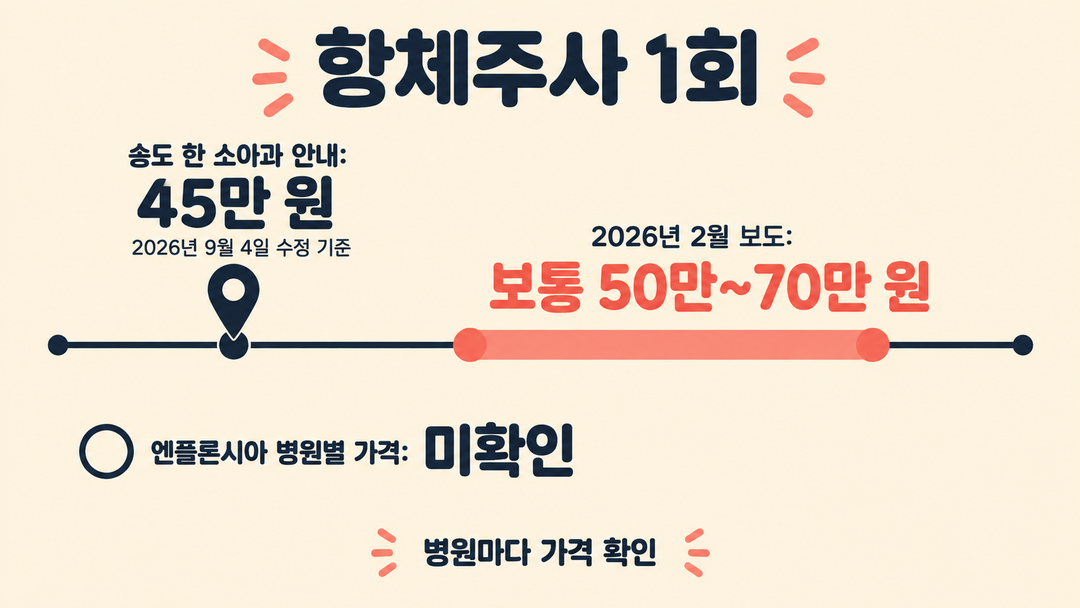 보도된 항체주사 1회 비용 50만~70만 원과 송도 한 소아과의 45만 원 안내를 별도 표식으로 비교한 생성 그림. 병원별 가격 확인이 필요함을 보여준다.