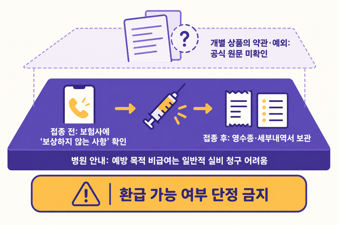 예방 목적 주사의 실비 청구가 일반적으로 어렵다는 병원 안내와 개별 약관은 확인이 필요하다는 경계를 나눈 생성 그림. 보험사 문의와 증빙 보관을 표시한다.