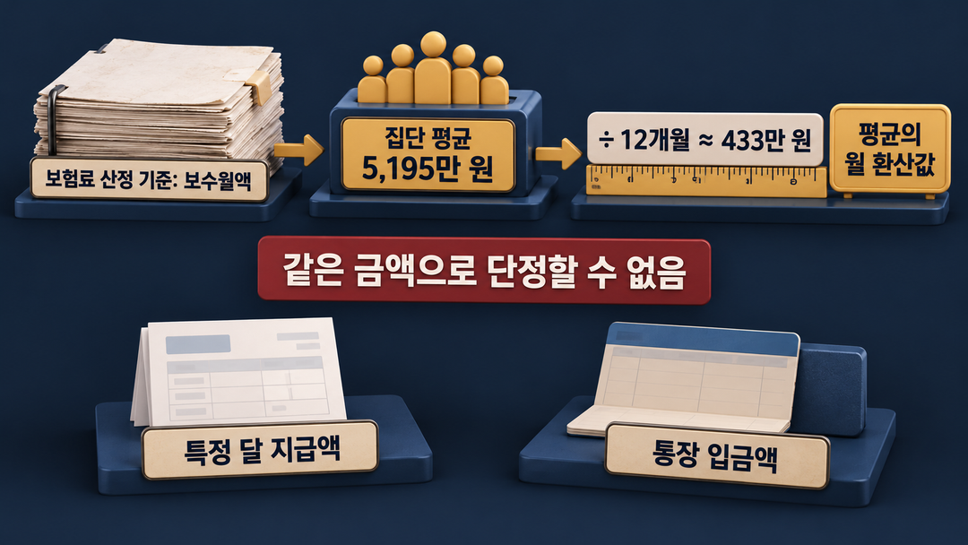 설명 그림. 보수월액을 기준으로 낸 집단 평균을 12로 나눈 약 433만 원과 개인의 특정 달 지급액·통장 입금액을 서로 다른 흐름으로 보여 준다.
