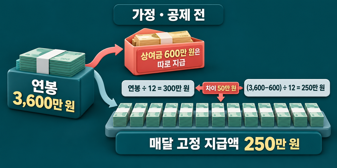 설명 그림. 가정한 연봉 3,600만 원에서 별도 상여금 600만 원을 떼어 놓으면 공제 전 매달 고정 지급액은 250만 원으로, 연봉을 12로 나눈 300만 원과 50만 원 차이 나는 구조를 보여 준다.