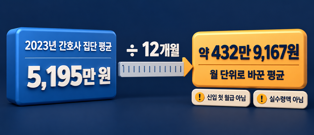 설명 그림. 5,195만 원을 12개월로 나눈 약 432만 9,167원은 집단 평균의 월 환산값이며 신입 첫 월급이나 실수령액이 아님을 보여 준다.