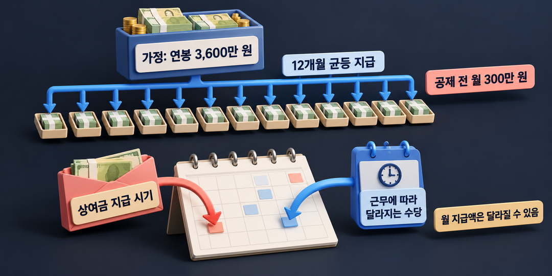 설명 그림. 연봉 3,600만 원을 12개월에 균등 지급한다고 가정한 공제 전 월 300만 원과 상여금 지급 시기·근무 수당에 따라 달라지는 지급 흐름을 구별한다.