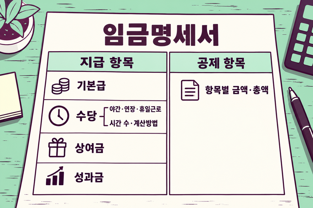설명 그림. 금액을 채우지 않은 임금명세서에서 기본급·수당·상여금·성과금의 지급 항목과 공제 항목을 나누고, 야간·연장·휴일근로의 시간 수와 계산방법을 짚는다.