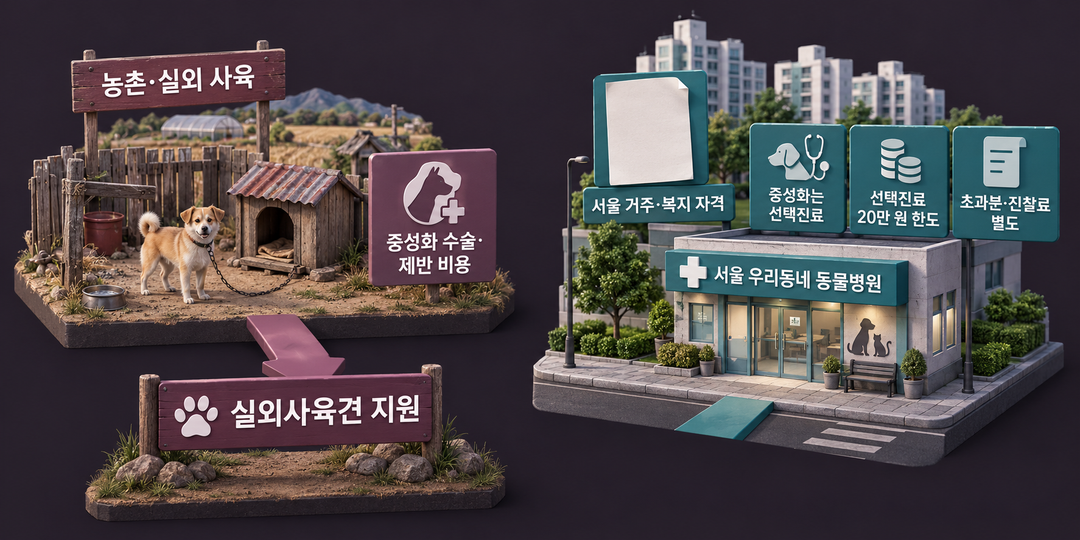 설명 그림. 농촌 실외사육견 지원과 서울 복지 자격에 따른 우리동네 동물병원 지원을 별개 경로로 보여 주며 지원 비용 항목의 차이를 표시한다.