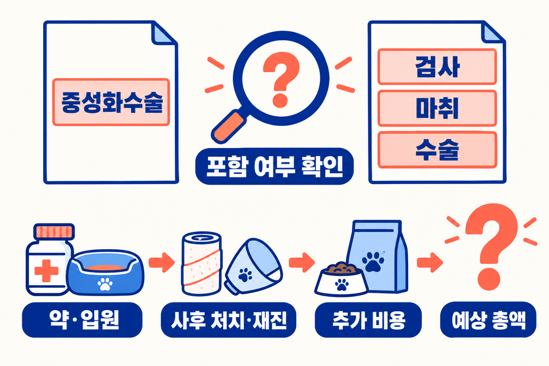 설명 그림. ‘중성화수술’ 한 줄 견적과 검사·마취·수술을 나눠 적은 견적을 대비하고, 약·입원·사후 처치·재진까지 포함 여부를 물어 예상 총액을 확인하는 흐름.