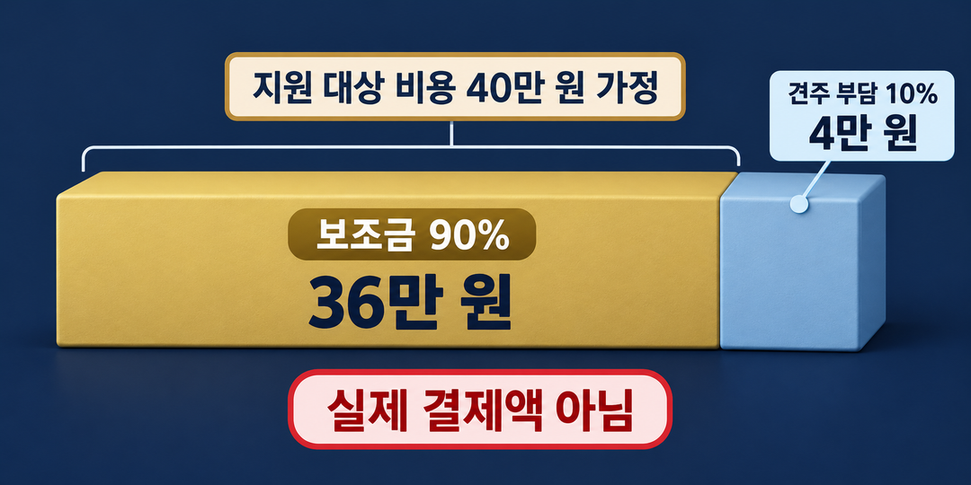 설명 그림. 가정한 지원 대상 비용 40만 원을 하나의 길이로 놓고 보조금 36만 원과 견주 부담 4만 원이 그 안에서 9대 1로 나뉨을 보여 준다.