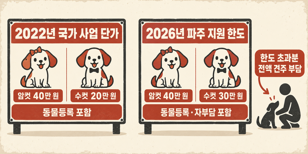 설명 그림. 2022년 국가 사업의 동물등록 포함 단가인 암컷 40만 원·수컷 20만 원과 2026년 파주의 동물등록·자부담 포함 한도인 암컷 40만 원·수컷 30만 원을 별도 판에 보이고, 파주 한도 초과분은 견주 부담임을 표시한다.