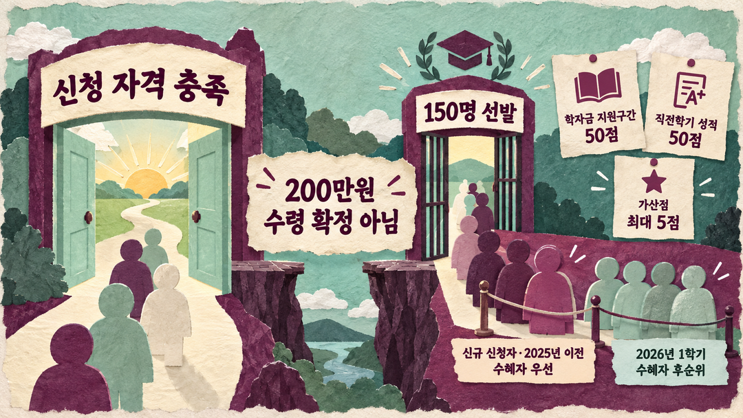 신청 자격 문을 지난 뒤 150명 선발 단계에서 학자금 지원구간 50점, 직전학기 성적 50점, 가산점 최대 5점과 수혜 이력에 따른 순위가 적용됨을 보이는 생성 설명 그림.