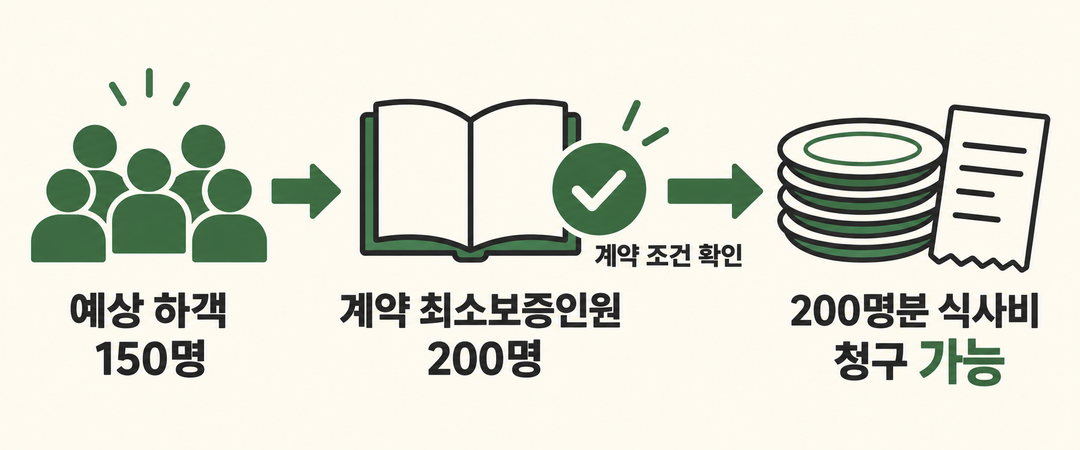 설명 그림. 예상 하객 150명에서 계약 최소보증인원 200명을 확인하면 200명분 식사비가 청구될 수 있다는 원고의 조건부 예시.