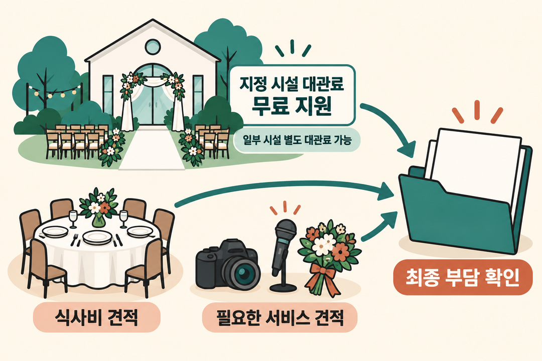 설명 그림. 지정 공공예식장 대관료 무료 지원과 일부 시설의 별도 대관료 가능성을 표시하고, 식사비와 필요한 서비스 비용은 별도 견적을 받아 최종 부담을 확인하는 관계를 보여 준다.