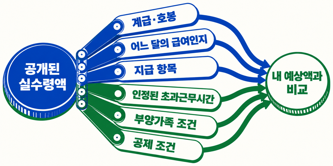 실수령액 비교 조건 그림. 공개된 금액을 내 예상액과 비교하려면 계급·호봉, 급여 월, 지급 항목, 인정된 초과근무시간, 부양가족 조건, 공제 조건을 함께 확인해야 함을 보여준다.