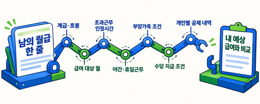 월급 비교 조건 그림. 타인의 월급 한 줄과 자신의 예상 급여 사이에 계급·호봉, 급여 대상 월, 초과근무 인정시간, 야간·휴일근무, 부양가족, 수당 지급 조건, 개인별 공제 내역을 함께 확인해야 하는 관계를 보여준다.