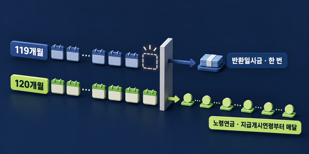한 칸 차이로 나뉜 119개월과 120개월의 경로가 각각 한 번 받는 반환일시금과 매달 받는 노령연금으로 이어지는 생성 설명 그림.