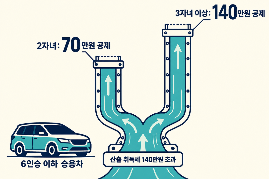 생성 도해. 6인승 이하 승용차의 산출 취득세가 140만원을 넘을 때 두 자녀는 70만원, 세 자녀 이상은 140만원을 공제하는 서로 다른 정지선을 비교한다.