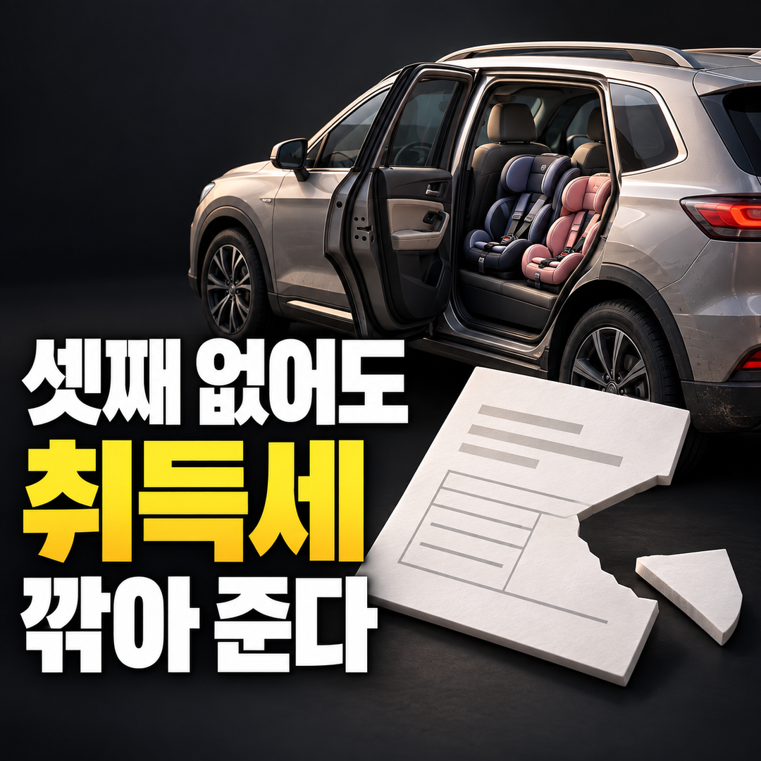 두 개의 어린이 좌석이 보이는 자동차 옆에서 세금 고지서의 일부가 잘려 나간 생성 그림. 셋째가 없어도 취득세를 깎아 준다는 문구가 크게 보인다.