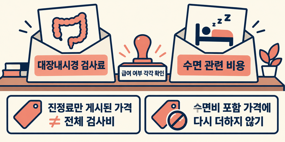 설명 그림. 대장내시경 검사료와 수면 관련 비용이 서로 다른 항목이며, 진정료만 게시된 가격을 전체 검사비로 읽거나 수면비 포함 가격에 다시 더하지 않아야 함을 보여 준다.