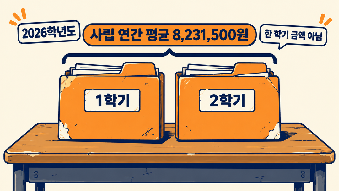 설명 그림. 사립 연간 평균등록금 8,231,500원이 1학기와 2학기를 함께 아우르는 표시 위에 놓여 있다. 학기별 금액은 표시하지 않는다.