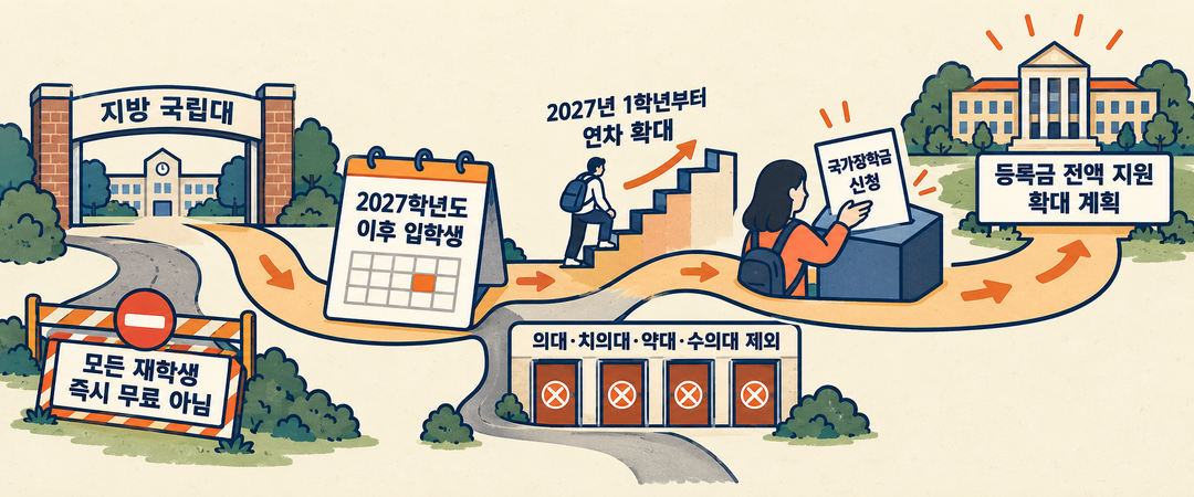 설명 그림. 지방 국립대의 2027학년도 이후 입학생이 학과 제외 여부와 국가장학금 신청을 차례로 확인하는 경로를 보여 준다. 지원은 2027년 1학년부터 연차 확대하는 계획이며 모든 재학생에게 즉시 적용되는 것은 아니다.