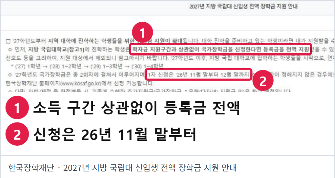 한국장학재단의 실제 공지 화면. 2027학년도 지방 국립대 신입생 전액 장학금 지원 확대 계획을 안내한다.