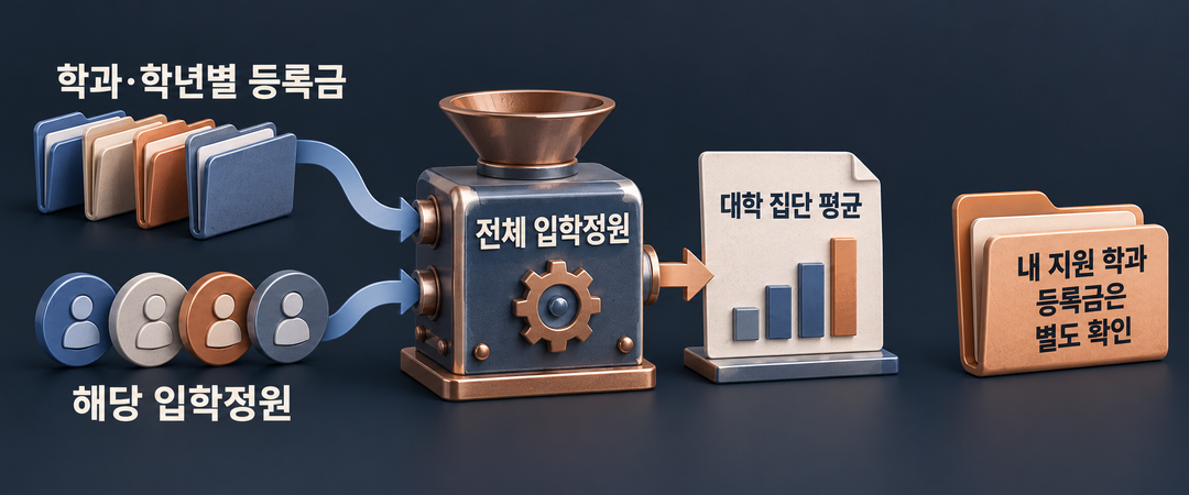 설명 그림. 학과·학년별 등록금과 해당 입학정원이 집단 평균에 반영된다. 지원 학과의 등록금은 평균과 분리해 표시한다.