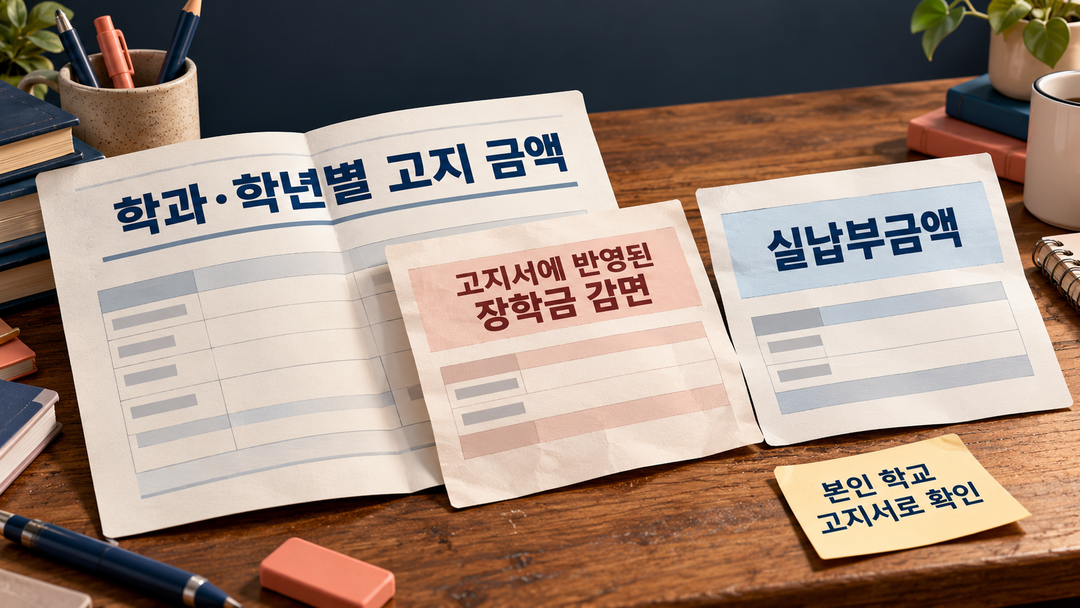 설명 그림. 학과·학년별 고지 금액에 장학금 감면이 반영된 뒤 실납부금액을 확인하는 관계를 보여 준다.