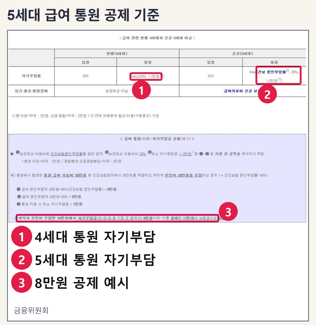 금융위원회 5세대 실손 출시 자료의 실제 화면. 급여 통원 자기부담금 기준을 확인할 수 있다.