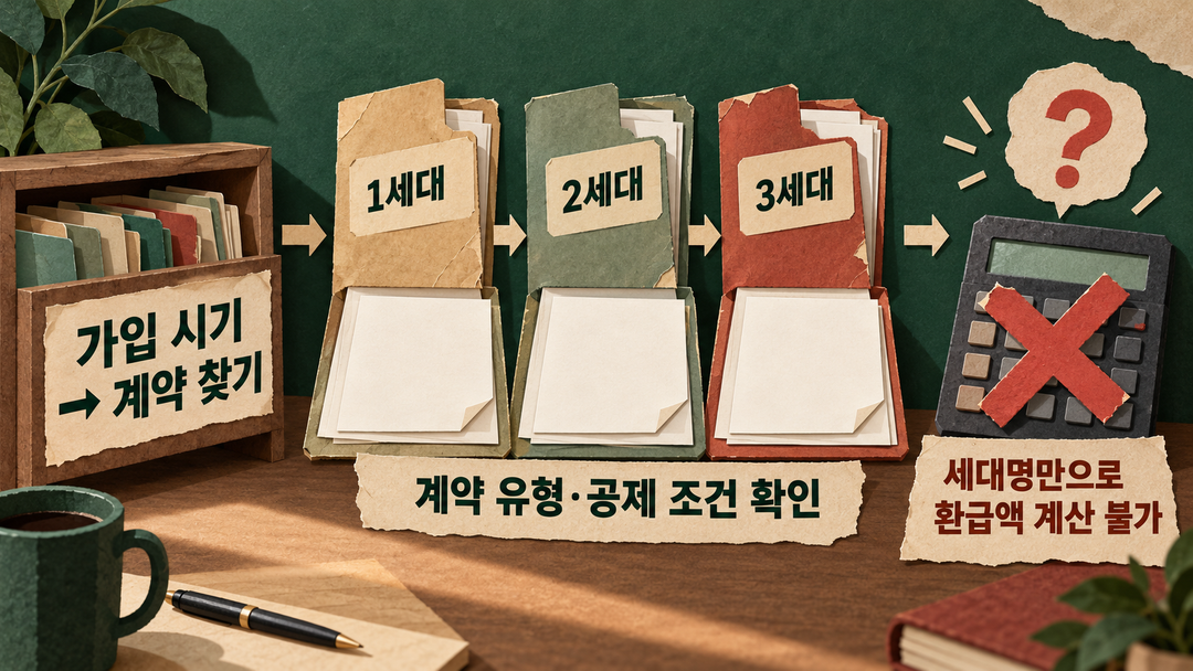 계약 찾기 그림. 1·2·3세대의 가입 시기로 계약을 찾은 다음 유형과 공제 조건을 확인해야 환급액을 계산할 수 있음을 보여 준다.