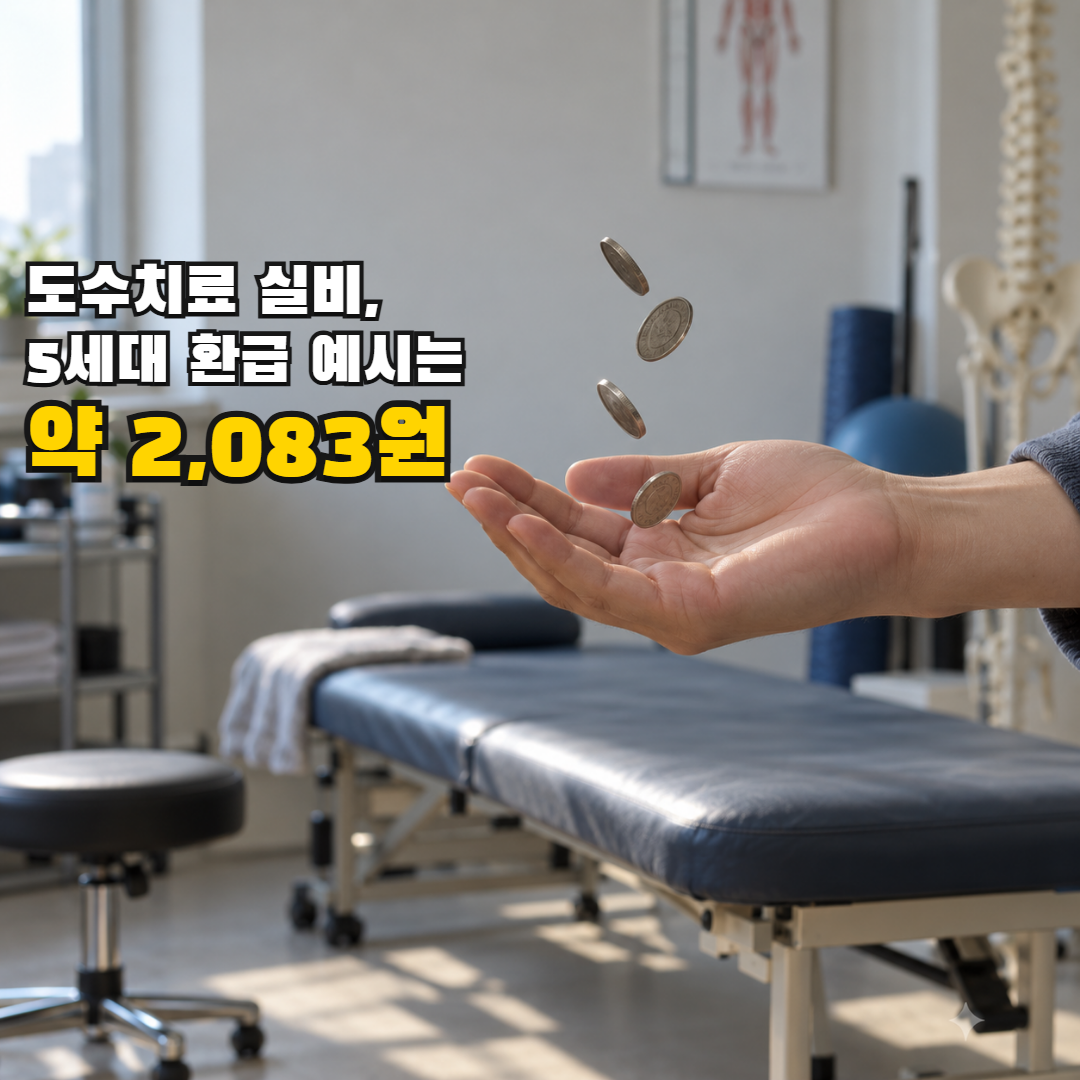 도수치료 실비, 5세대 환급 예시는 약 2,083원 — 치료대 앞에서 한 손으로 떨어지는 적은 원화 동전을 받는 순간