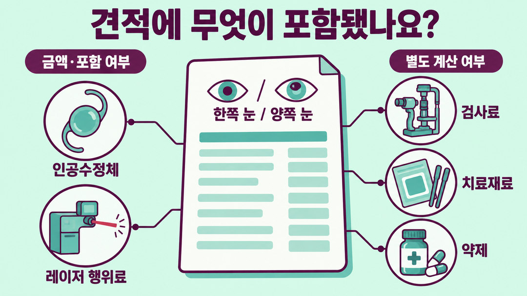 설명 그림. 견적을 중심으로 한쪽 눈과 양쪽 눈의 기준을 확인하고, 인공수정체·레이저 행위료의 금액과 포함 여부 및 검사료·치료재료·약제의 별도 계산 여부를 묻도록 보여 준다.