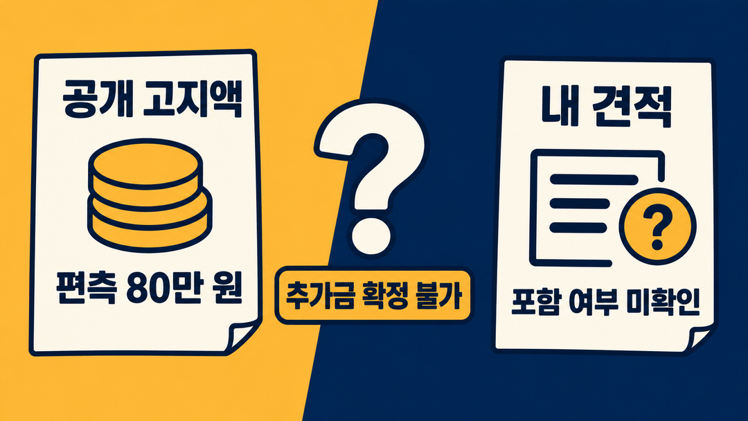 설명 그림. 공개 고지액 편측 80만 원과 포함 여부가 확인되지 않은 개인 견적을 떨어진 두 문서로 보여 주며, 추가금은 확정할 수 없다고 표시한다.