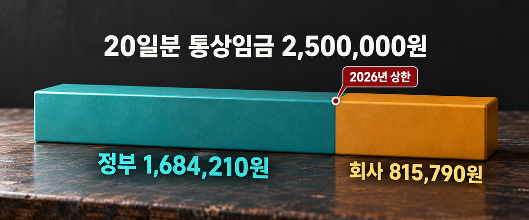 생성 설명 그림. 20일분 통상임금 250만원짜리 하나의 금액 막대를 정부 부담 1,684,210원과 회사 부담 815,790원으로 정확히 나누어 보여 주는 가정 예시다.