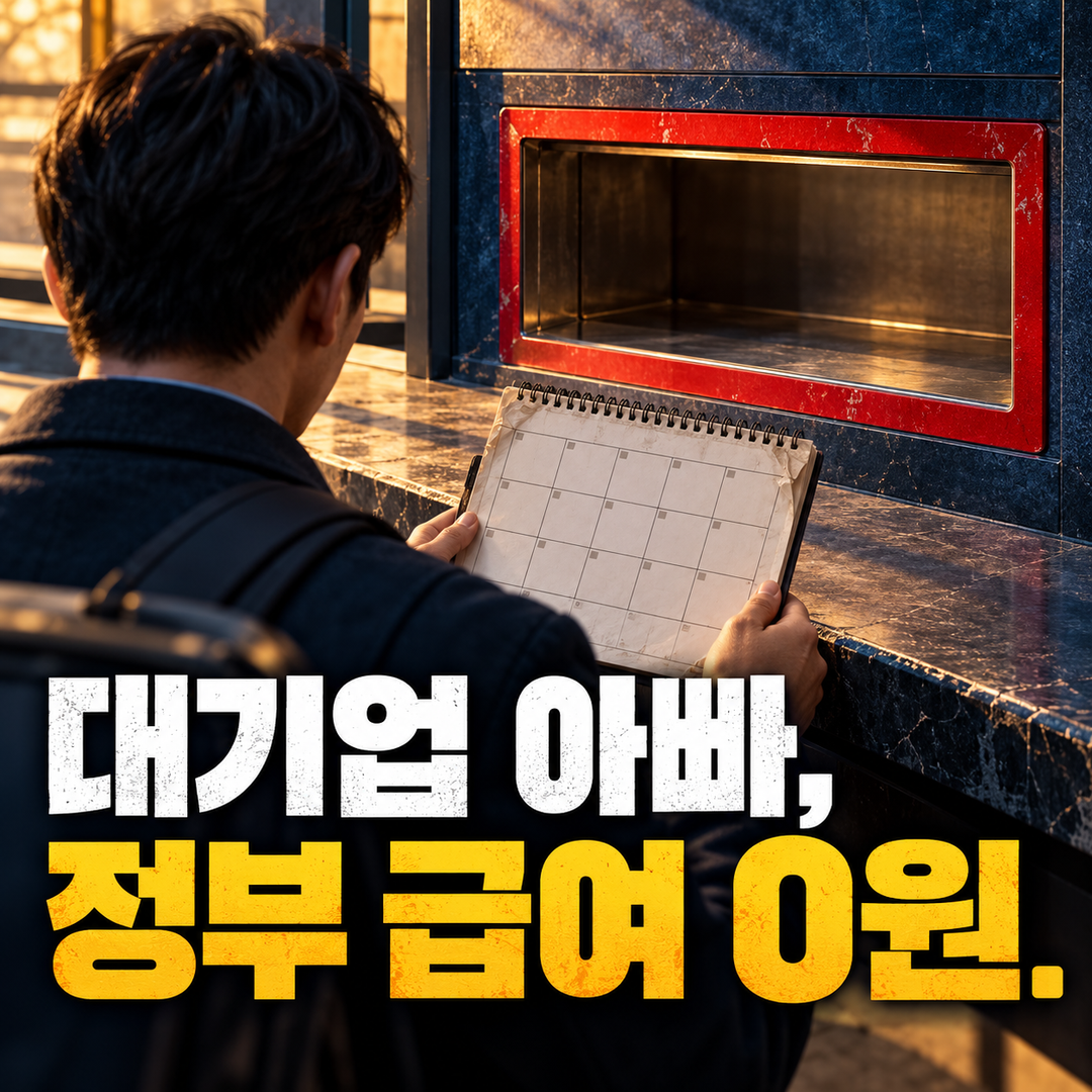 생성 설명 그림. 얼굴이 드러나지 않는 아빠가 휴가 일정표를 쥔 채 비어 있는 정부 급여 지급구를 바라본다. 큰 문구는 ‘대기업 아빠, 정부 급여 0원’이다.