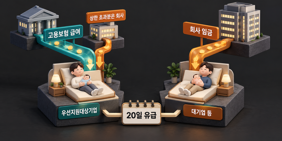 생성 설명 그림. 20일 유급휴가를 쓰는 두 근로자에게 각각 고용보험 급여와 회사 임금이 흘러가는 경로를 나란히 보여 주며, 우선지원대상기업 쪽에는 상한 초과분의 회사 부담도 표시한다.