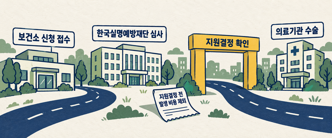 설명 그림. 보건소 접수, 재단 심사, 지원결정 확인, 수술의 순서가 이어지고 결정 전 발생 비용은 경계 밖에 표시된다.