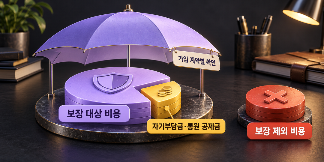 설명 그림. 보장 제외 비용은 보험 보장 경로 밖에 있고, 보장 대상 비용은 경로 안에서도 자기부담금과 통원 공제금이 남을 수 있음을 보여 준다.