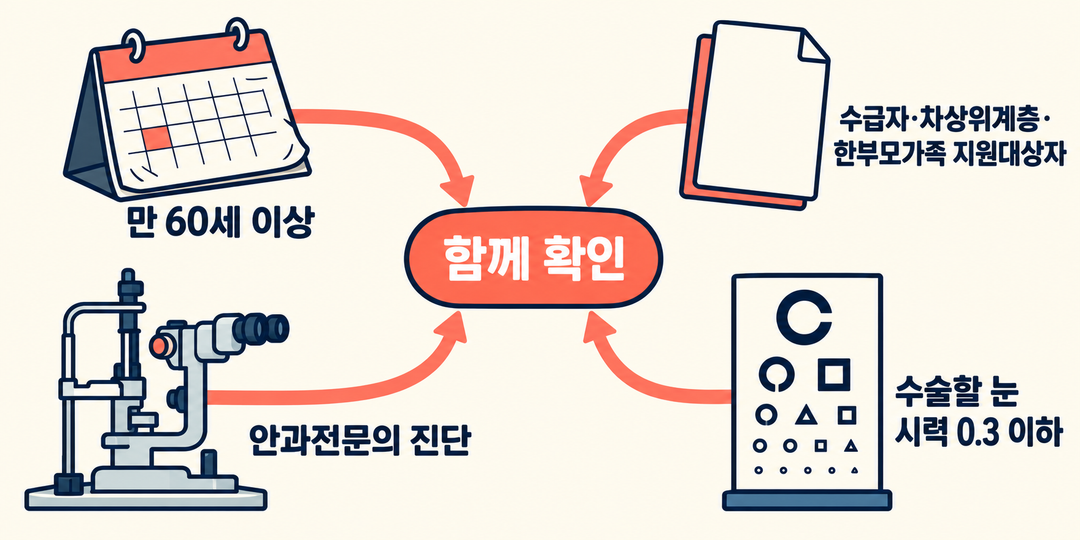설명 그림. 나이, 소득 자격, 안과 진단과 수술할 눈의 시력 조건이 한 확인 지점으로 모인다.