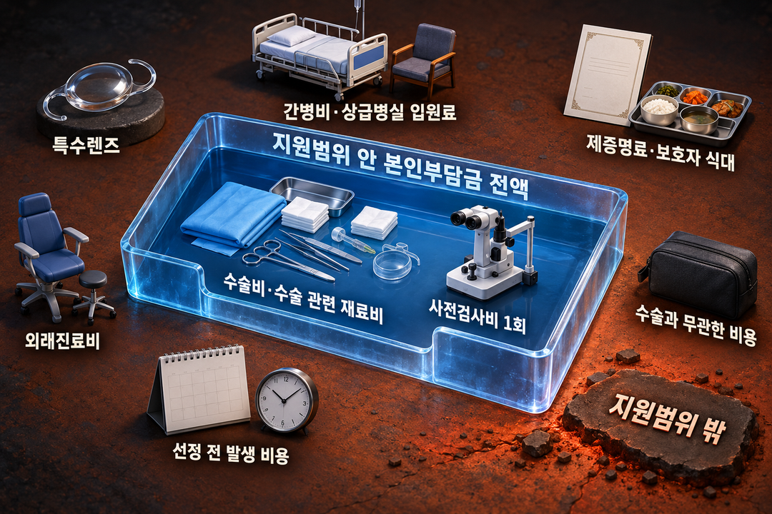 설명 그림. 지원범위 안의 비용과 특수렌즈·간병비 등 지원범위 밖에 남는 비용이 뚜렷한 경계로 나뉜다.