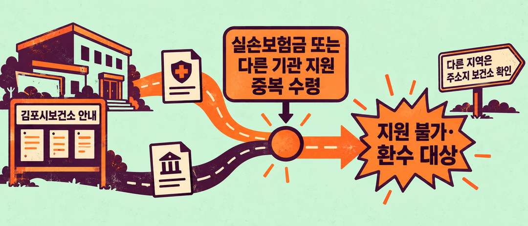 설명 그림. 김포시보건소 안내의 중복수령 제한을 두 지급 흐름이 만나는 지점과 지원 불가·환수 대상으로 표시한다. 다른 지역에는 별도 확인이 필요하다.