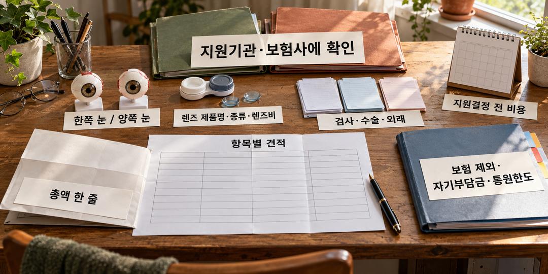 설명 그림. 총액 한 줄이 눈의 수, 렌즈, 검사·수술·외래, 지원결정 시점, 보험 조건을 확인하는 항목별 견적으로 펼쳐진다.